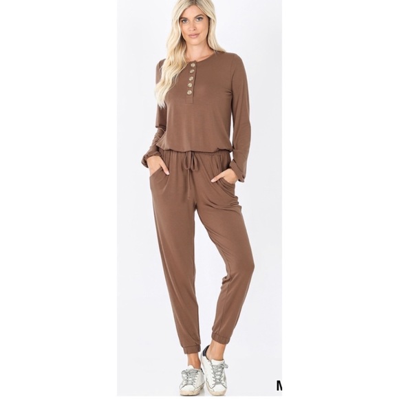 Long sleeve jumpsuit in mocha or ash gray - Picture 3 of 5